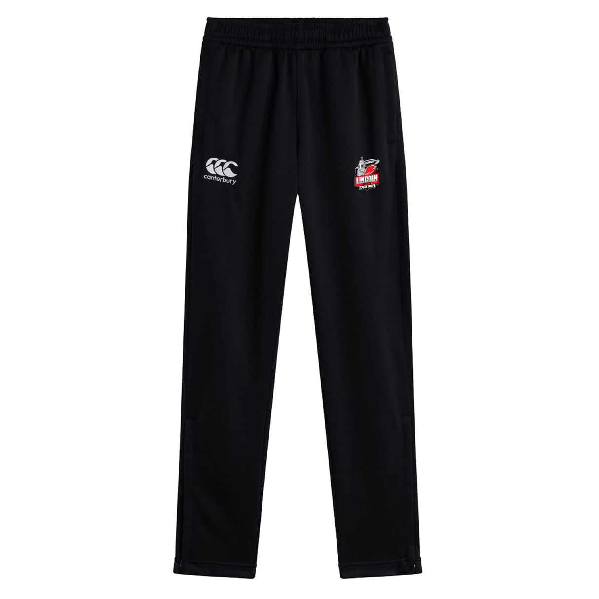 The Lincoln City Youth Rugby Stretch Tapered Pant by EMB Canterbury features an elastic waistband, quick-dry fabric, the Canterbury logo on the left thigh, and a red and white badge on the right thigh for all-day comfort.