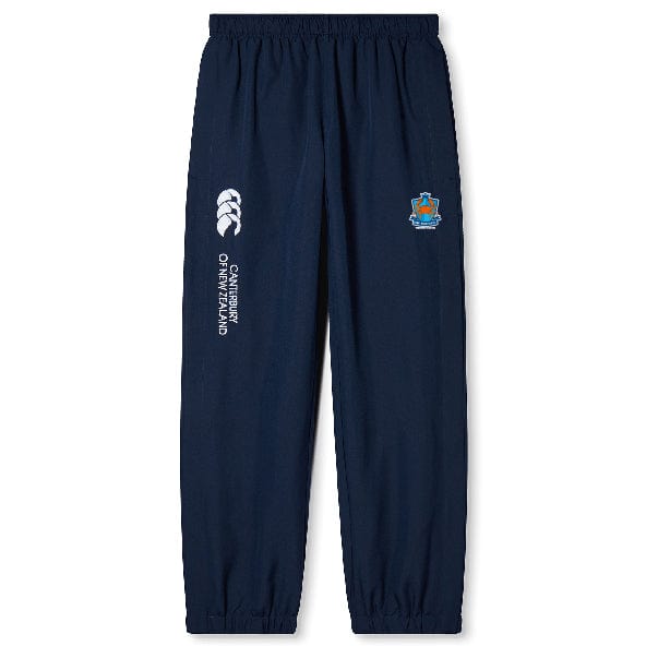 Navy blue Land Crabs RFC Cuffed Hem Stadium Pant by EMB Canterbury, featuring an elastic waistband, cuffed hem, stitched crest, and New Zealand insignias—perfect rugby gear for both fans and players.