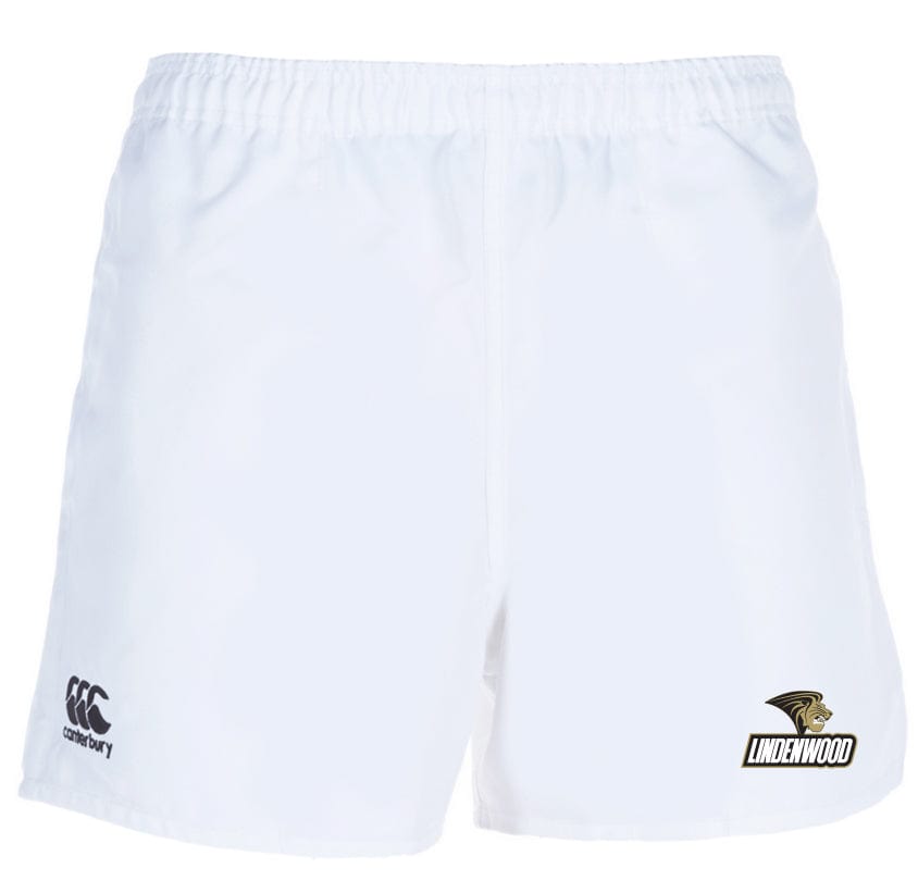 Lindenwood University Rugby Professional Shorts by Canterbury: Durable white polyester shorts featuring the EMB Canterbury and Lindenwood logos.