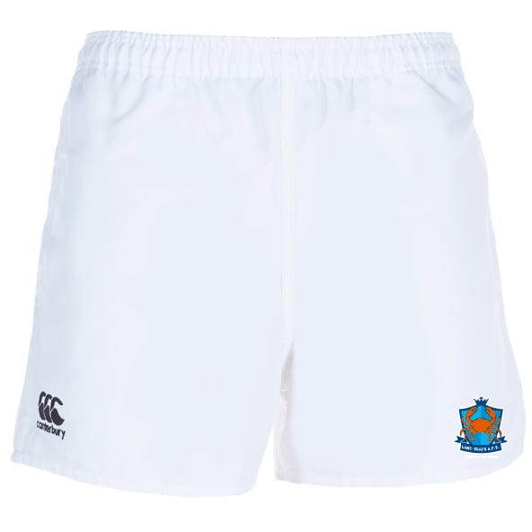 The Land Crabs RFC Professional Polyester Rugby Short by EMB Canterbury features the Canterbury logo on the left and a vibrant team crest on the right leg, made from durable polyester for lasting performance.