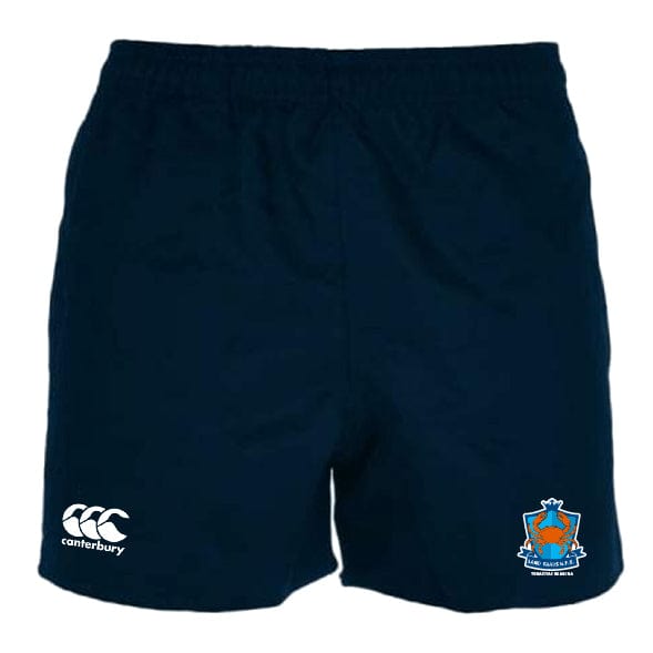 Land Crabs RFC Advantage Rugby Shorts by EMB Canterbury in navy blue, with an elastic waistband, moisture-wicking fabric, a white Canterbury logo on the left leg, and a colorful crest on the right.