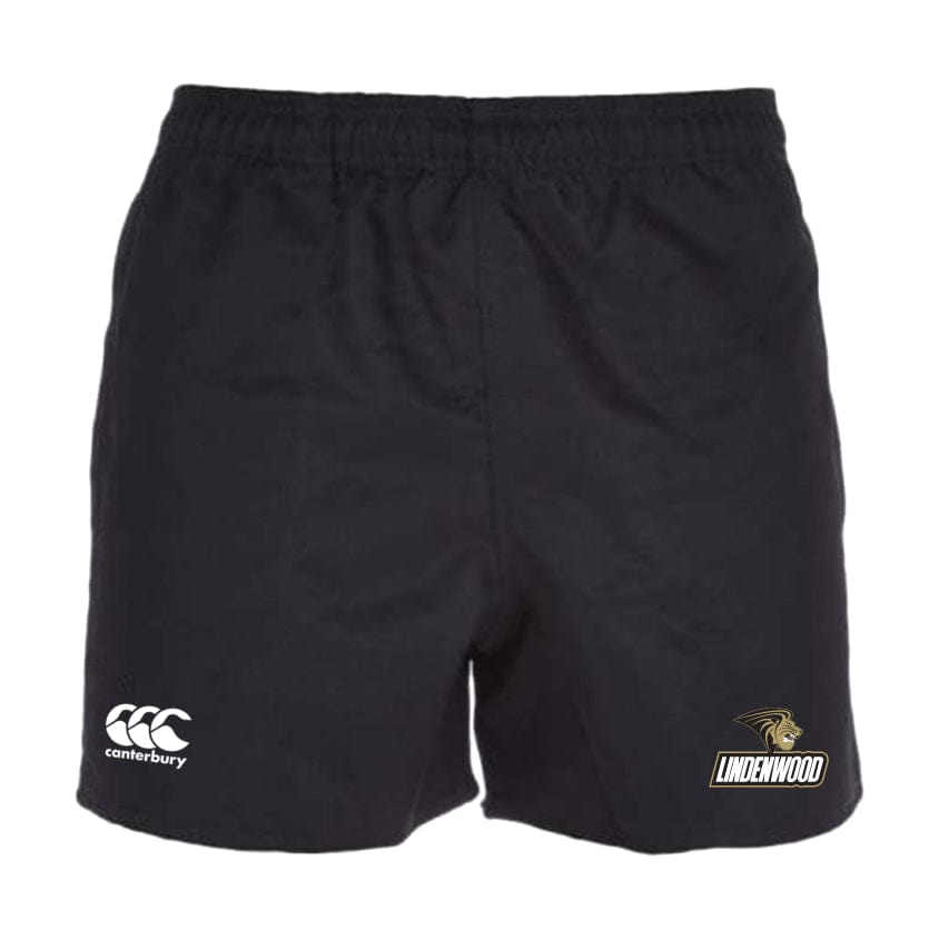 The Lindenwood University Rugby Shorts by EMB Canterbury are black, crafted from polyester, featuring the Canterbury logo on the left and the Lindenwood logo on the right.