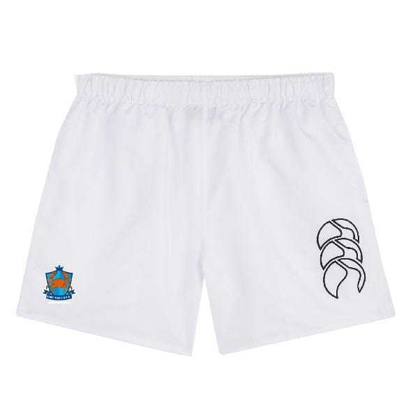 The Land Crabs RFC Tactic Short by Canterbury features a comfy elastic waistband, blue and orange left-leg logo, and a black right-leg abstract design—perfect rugby or training shorts from EMB Canterbury.