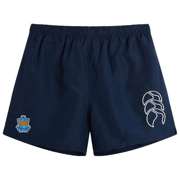 The EMB Canterbury Land Crabs RFC Tactic Short is navy blue with an elasticated waistband, a white Canterbury logo on the right leg, and a multicolor Land Crabs badge on the left leg.