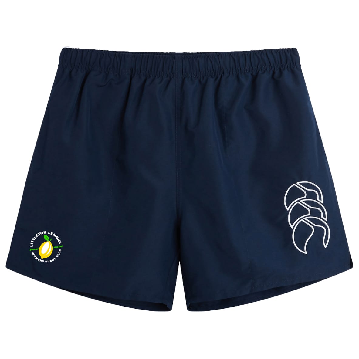 The Littleton Women Rugby Club Tactic Short by EMB Canterbury features a navy blue design with elastic waistband, white logo on the right leg, and tennis-themed emblem on the left. Lightweight for comfort and style in any workout.