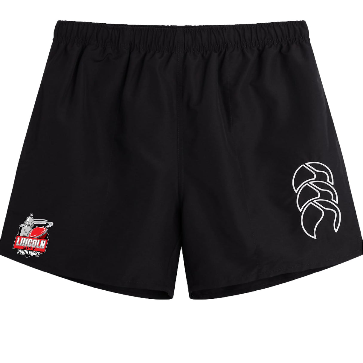 The EMB Canterbury Lincoln City Youth Rugby Tactic Short features a white abstract logo on the right leg and a red and white Lincoln Touch Rugby patch on the left, making these lightweight shorts ideal for workouts or casual wear.