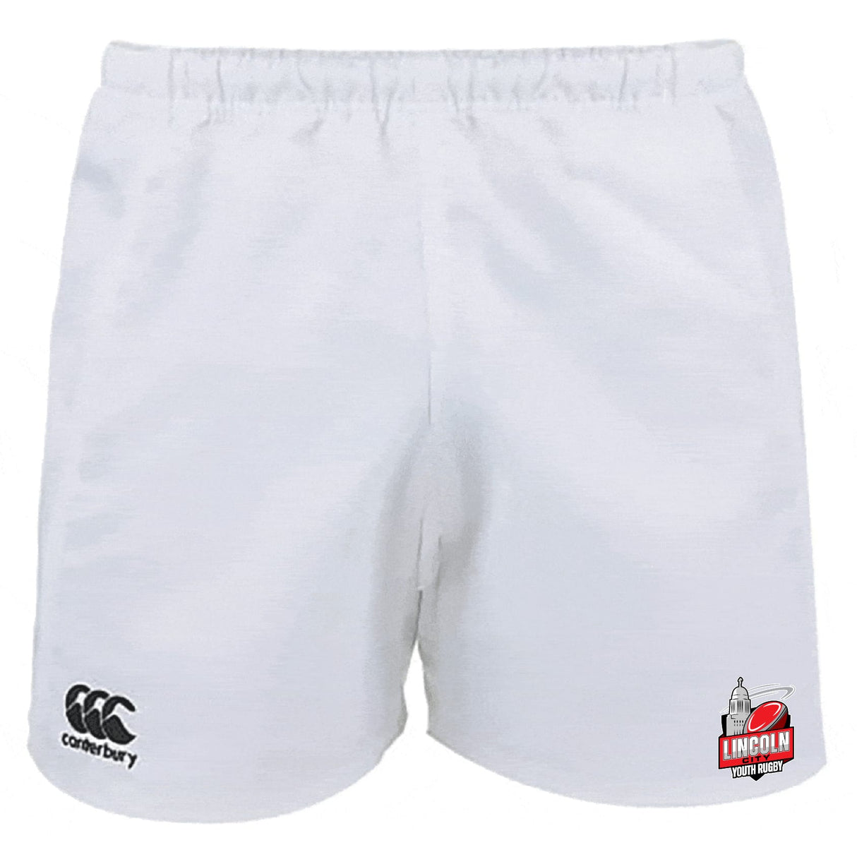 The Lincoln City Youth Rugby Advantage Rugby Shorts by EMB Canterbury feature a black Canterbury logo on the left leg and a red and black Lincoln Youth Rugby logo on the right leg.