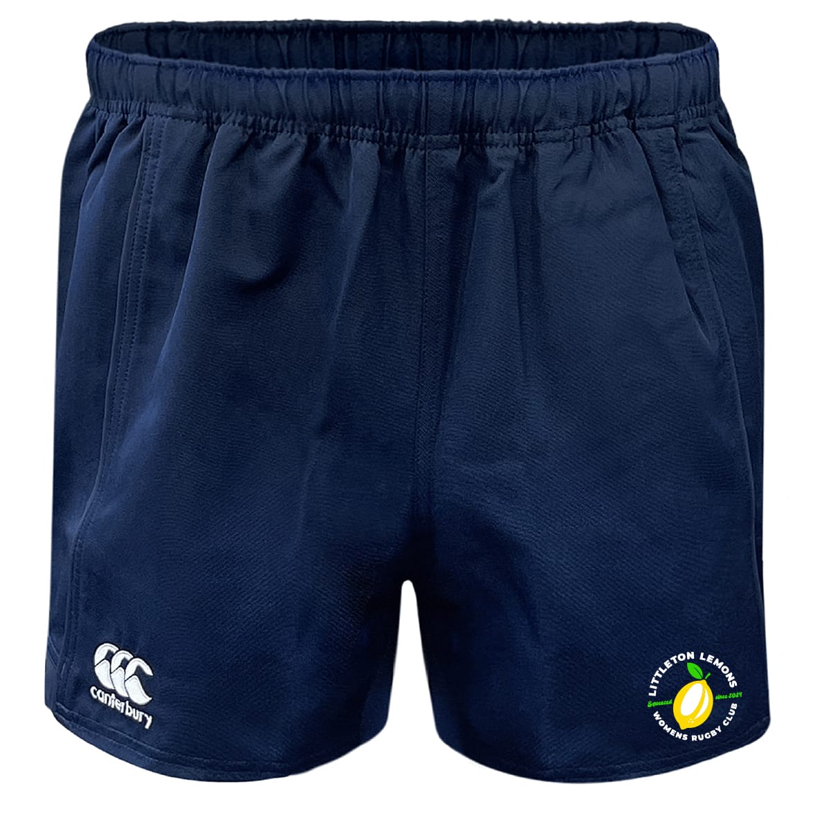 Navy blue Littleton Women Rugby Club Advantage Rugby Shorts by EMB Canterbury, featuring an elastic waistband, CCC logo, and club emblem.