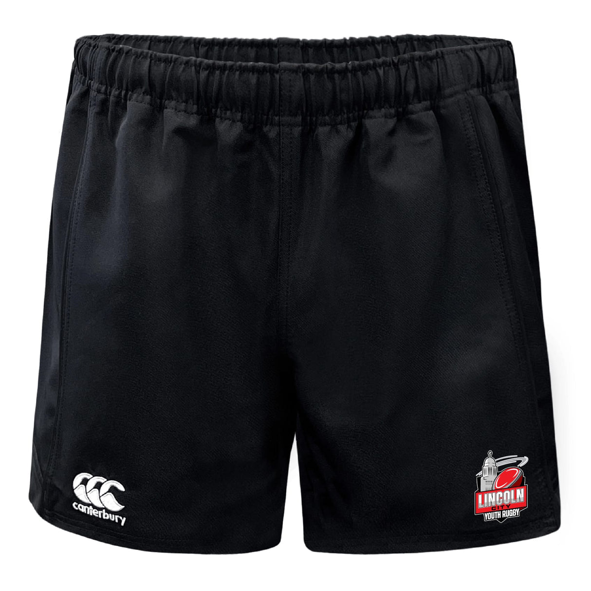 Lincoln City Youth Rugby Advantage Rugby Shorts by EMB Canterbury feature an elastic waistband, the Canterbury logo on the left leg, and the Lincoln Youth Rugby logo on the right leg.