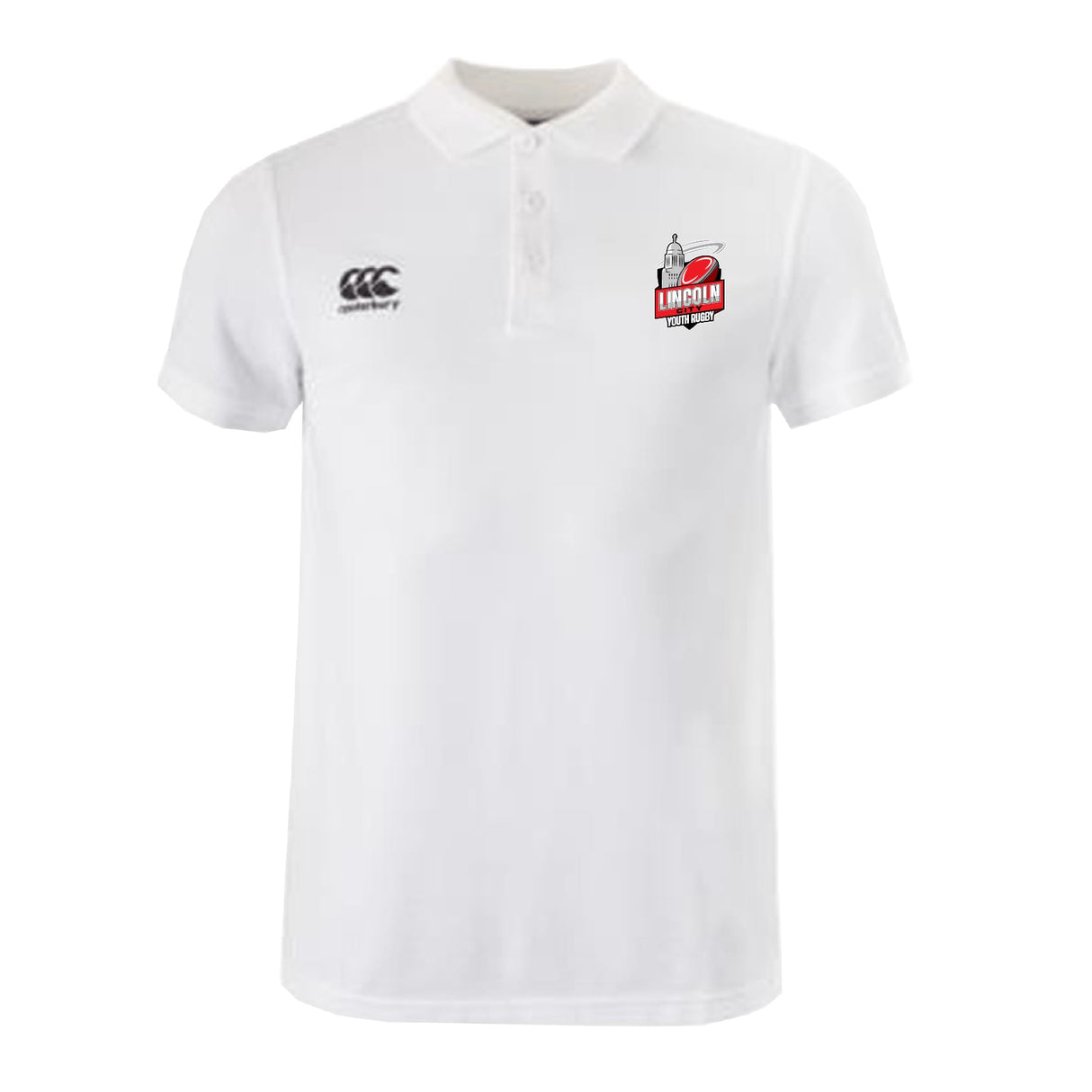 The Lincoln City Youth Rugby Waimak Polo by EMB Canterbury is a white rugby shirt featuring a Canterbury logo on the right chest and a Lincoln Rugby Club logo on the left—ideal for youth supporters and players.