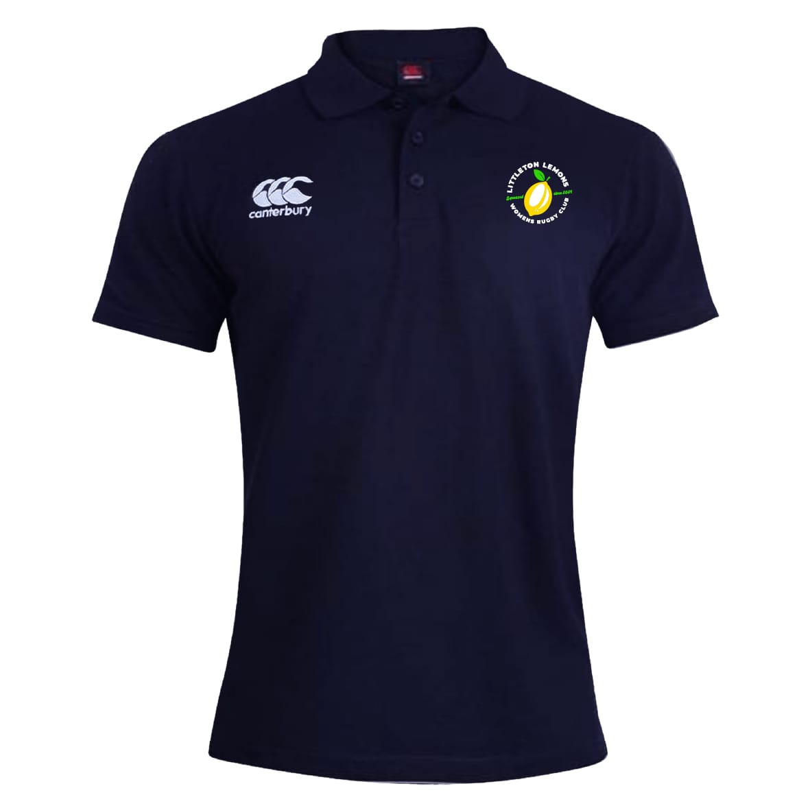Navy blue women’s polo by EMB Canterbury, featuring the Canterbury logo on the right chest and a circular tennis ball emblem on the left, inspired by the classic CCC Waimak Rugby Polo for Littleton Women Rugby Club.