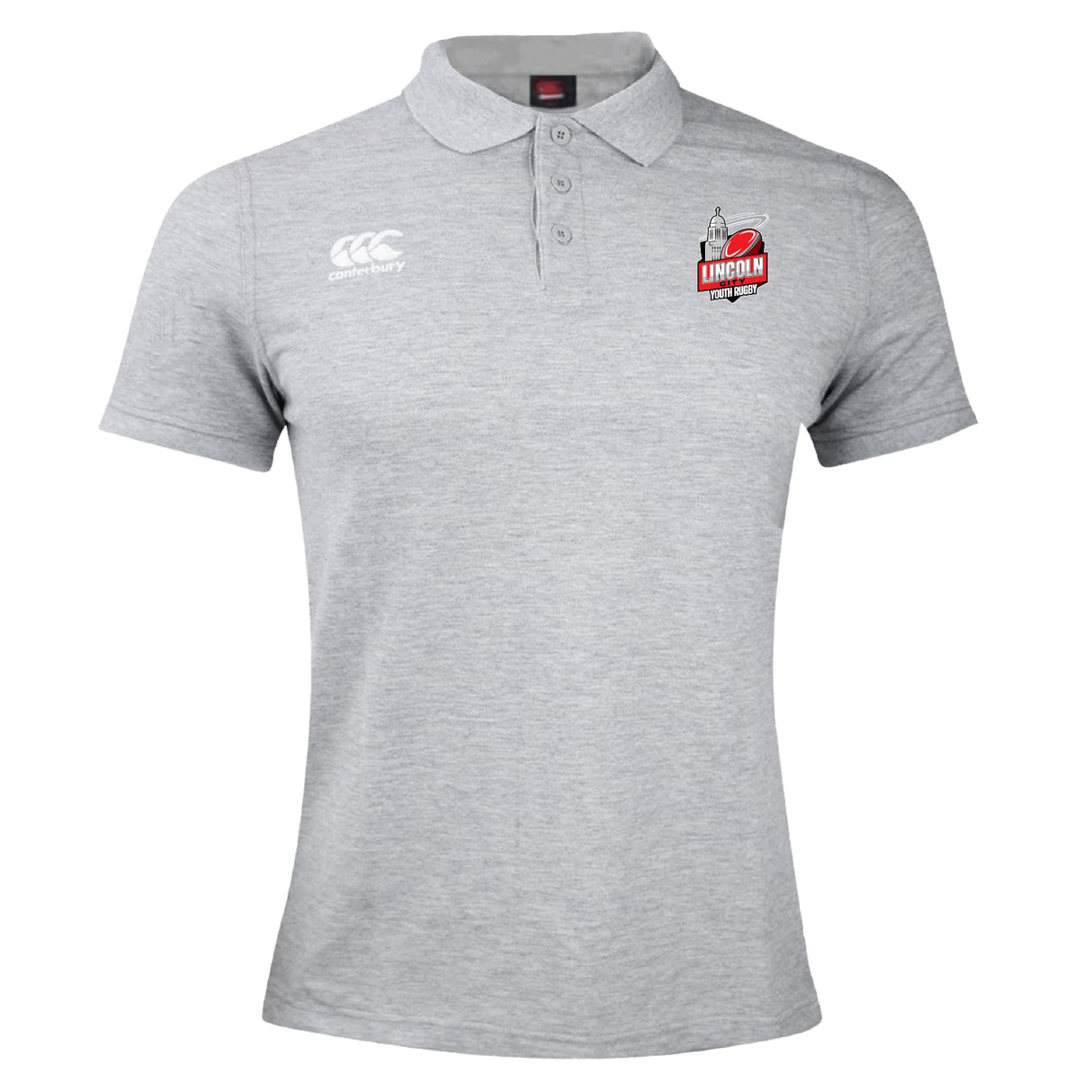 The Lincoln City Youth Rugby Waimak Polo by EMB Canterbury features a classic collar, three-button design, Lincoln Rowing Club badge on the left chest, and Canterbury logo on the right in light grey.