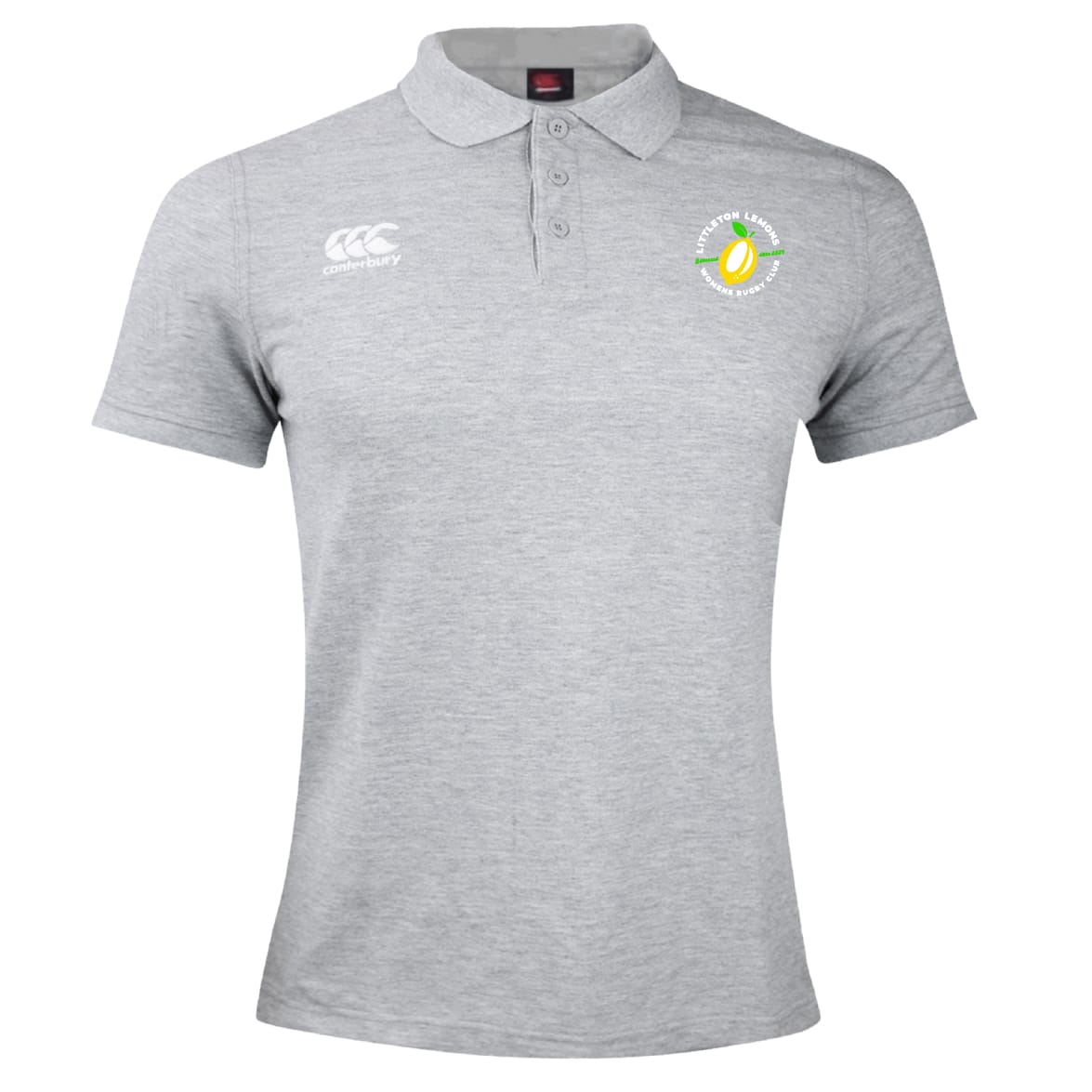 Light grey women's polo shirt with a collar, featuring a white Canterbury logo on the right chest and a green-yellow emblem on the left—perfect as the EMB Canterbury Littleton Women Rugby Club Waimak Polo.