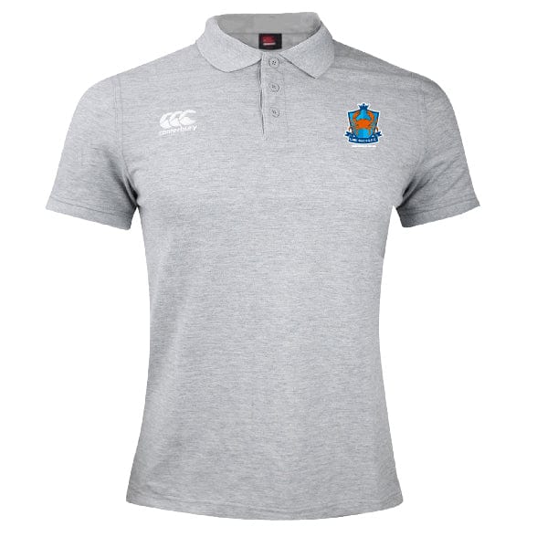 The Land Crabs RFC Waimak Polo by EMB Canterbury is a light grey short-sleeve rugby polo with a collar, made from a comfy cotton-polyester blend, displaying the Canterbury logo on the right chest and the team emblem on the left.