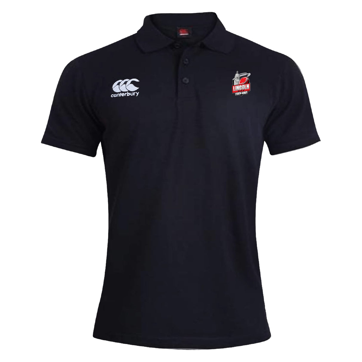 The Lincoln City Youth Rugby Waimak Polo by EMB Canterbury is a black polo with short sleeves, a collar, Canterbury logo, and Lincoln City FC badge—styled after the classic CCC Waimak Rugby Polo.