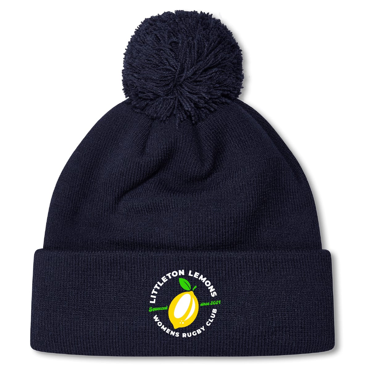 The Littleton Women Rugby Club Pom Pom Beanie by Canterbury features navy blue fleece lining, a pom-pom, and the club's yellow lemon logo on the front cuff. Brand: EMB Canterbury.