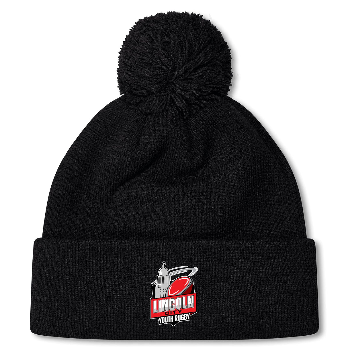 The Lincoln City Youth Rugby Pom Pom Beanie by EMB Canterbury is a black knit hat with a cozy fleece lining, bobble design, and an embroidered "Lincoln Youth Rugby" logo on the front cuff.