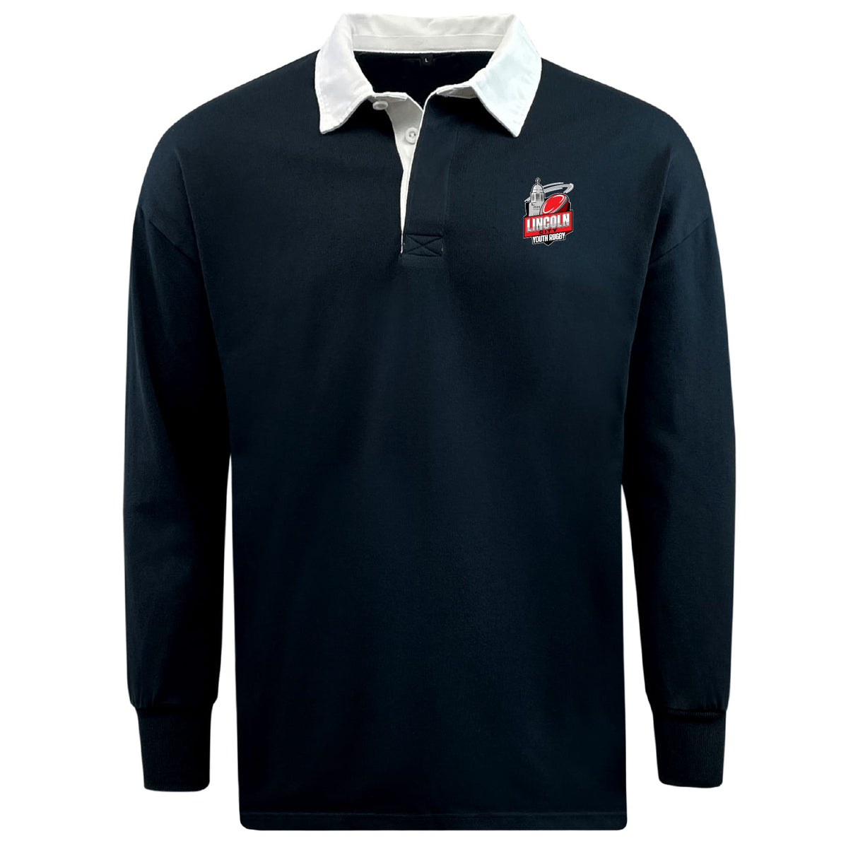 The EMB Mudoo Lincoln City Youth Rugby Classic Long Sleeve Solid Rugby Jersey features a black design with a white collar and an embroidered "Lincoln Rugby Union Football Club" logo on the left chest—ideal for vintage rugby fans.