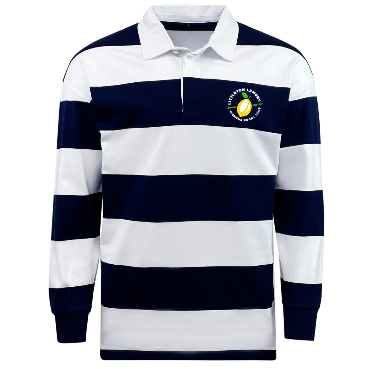 The EMB Mudoo Littleton Women Rugby Club Classic Long Sleeve Hooped Rugby Jersey features wide navy and white stripes, a white collar, and a chest patch for timeless rugby style with a vintage-inspired tennis sport touch.