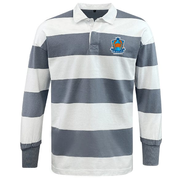 The EMB Mudoo Land Crabs RFC Classic Long Sleeve Hooped Rugby Jersey features wide grey and white stripes, a crisp white collar, and a blue and orange embroidered crest—ideal for stylish leisurewear.