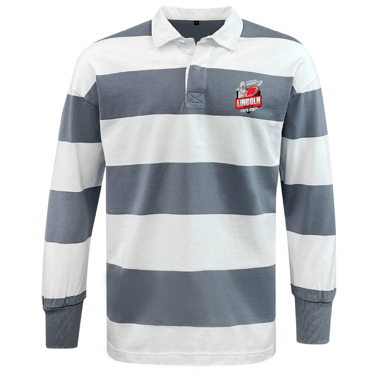 The EMB Mudoo Lincoln City Youth Rugby Classic Long Sleeve Hooped Rugby Jersey features wide white and gray hoops with a "Lincoln Rugby" logo on the left chest, offering timeless rugby style.
