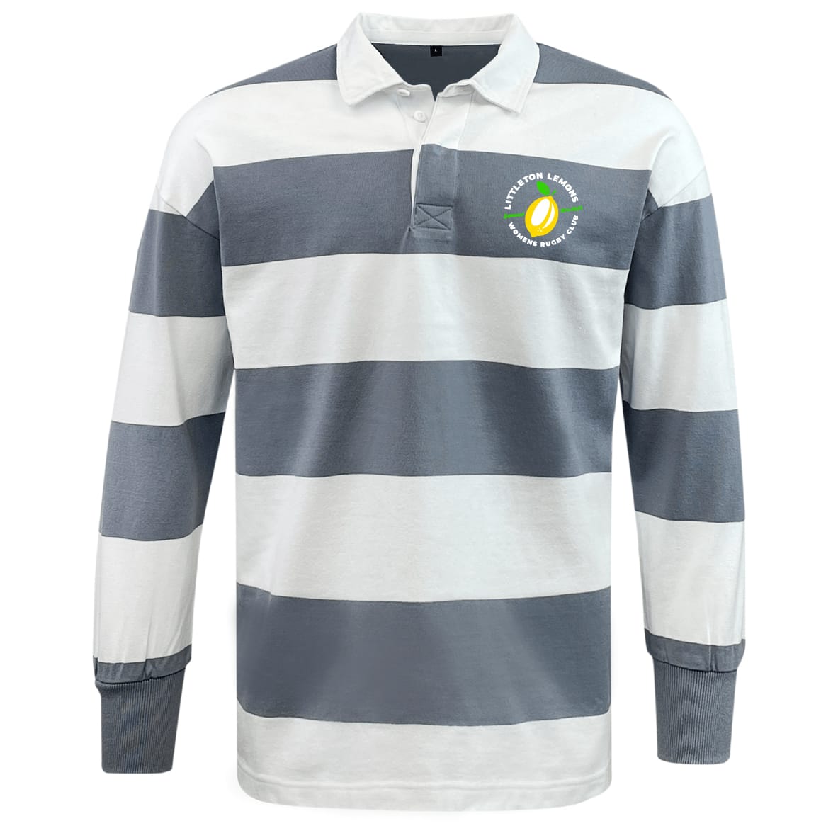 The EMB Mudoo Littleton Women Rugby Club Classic Long Sleeve Hooped Rugby Jersey features timeless sporty style with wide gray and white stripes, a collar, and a tennis-themed chest logo.