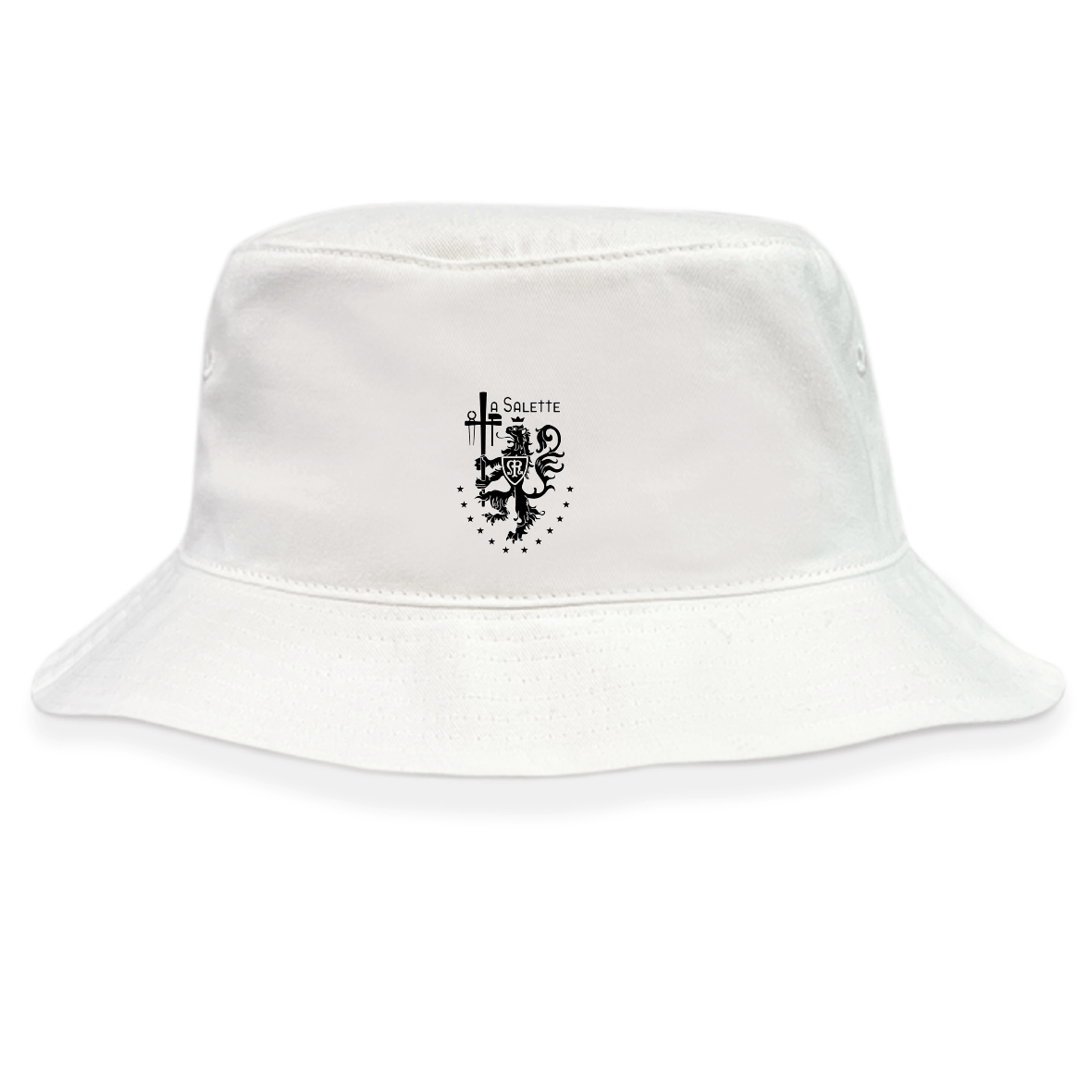 The La Salette Academy Rugby Crusher Bucket Cap by EMB S&S Activewear is a white cotton twill cap featuring a black crest with sword, scales, lion, and "LA SALETTE" text—perfect for stylish sun protection.