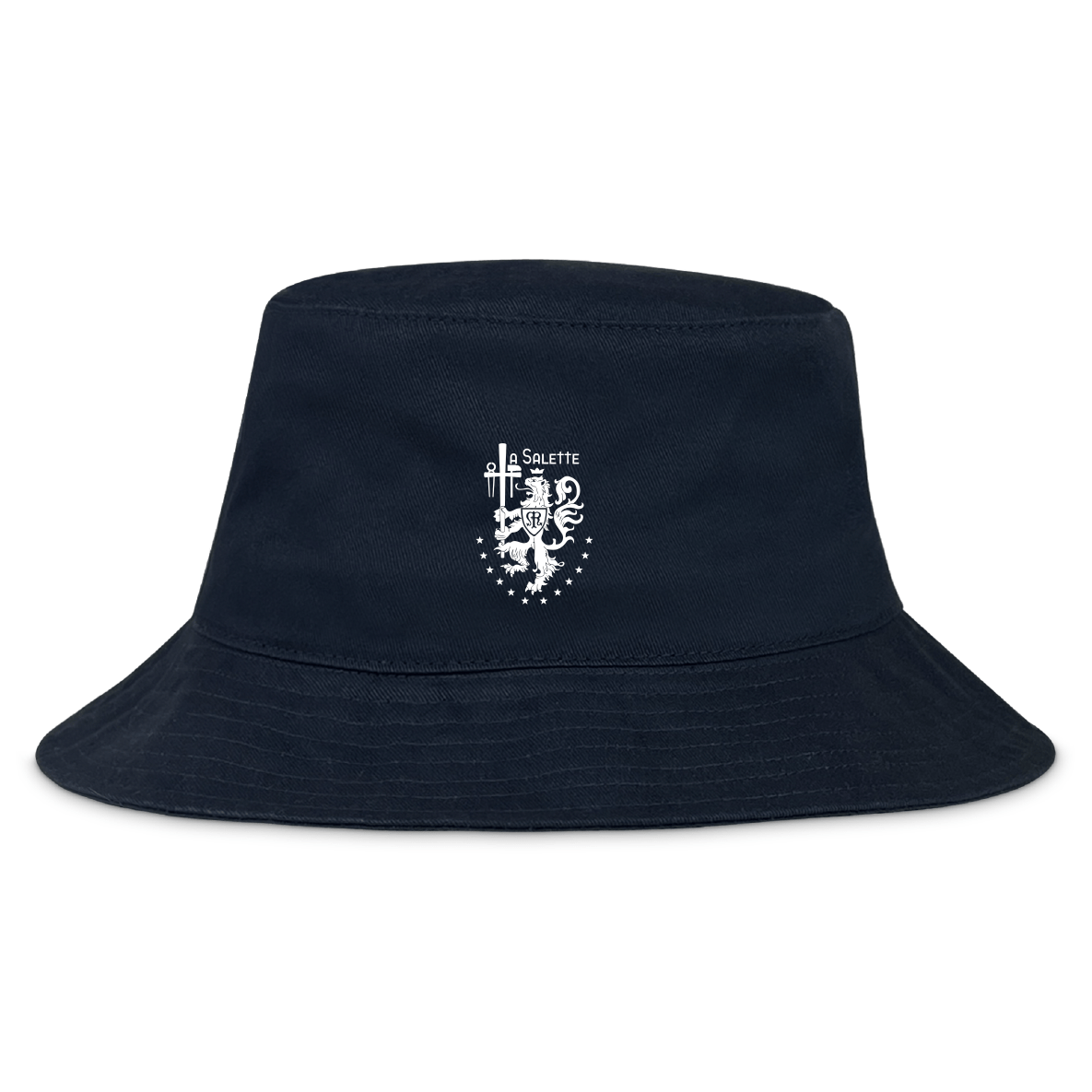 The EMB S&S Activewear La Salette Academy Rugby Crusher Bucket Cap is made from black cotton twill with a white embroidered crest—lion, stars, and "SALETTE"—on the front, offering stylish sun protection.