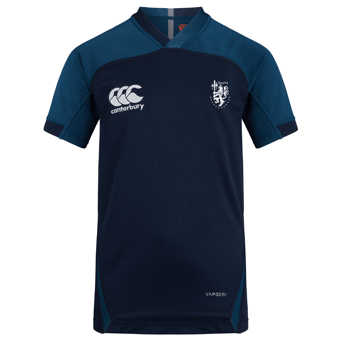 The EMB Canterbury La Salette Academy Rugby Vapodri Evader Jersey is a navy and blue short-sleeve top with white chest logos; "VAPODRI" near the hem highlights its moisture-wicking tech for all-day comfort.