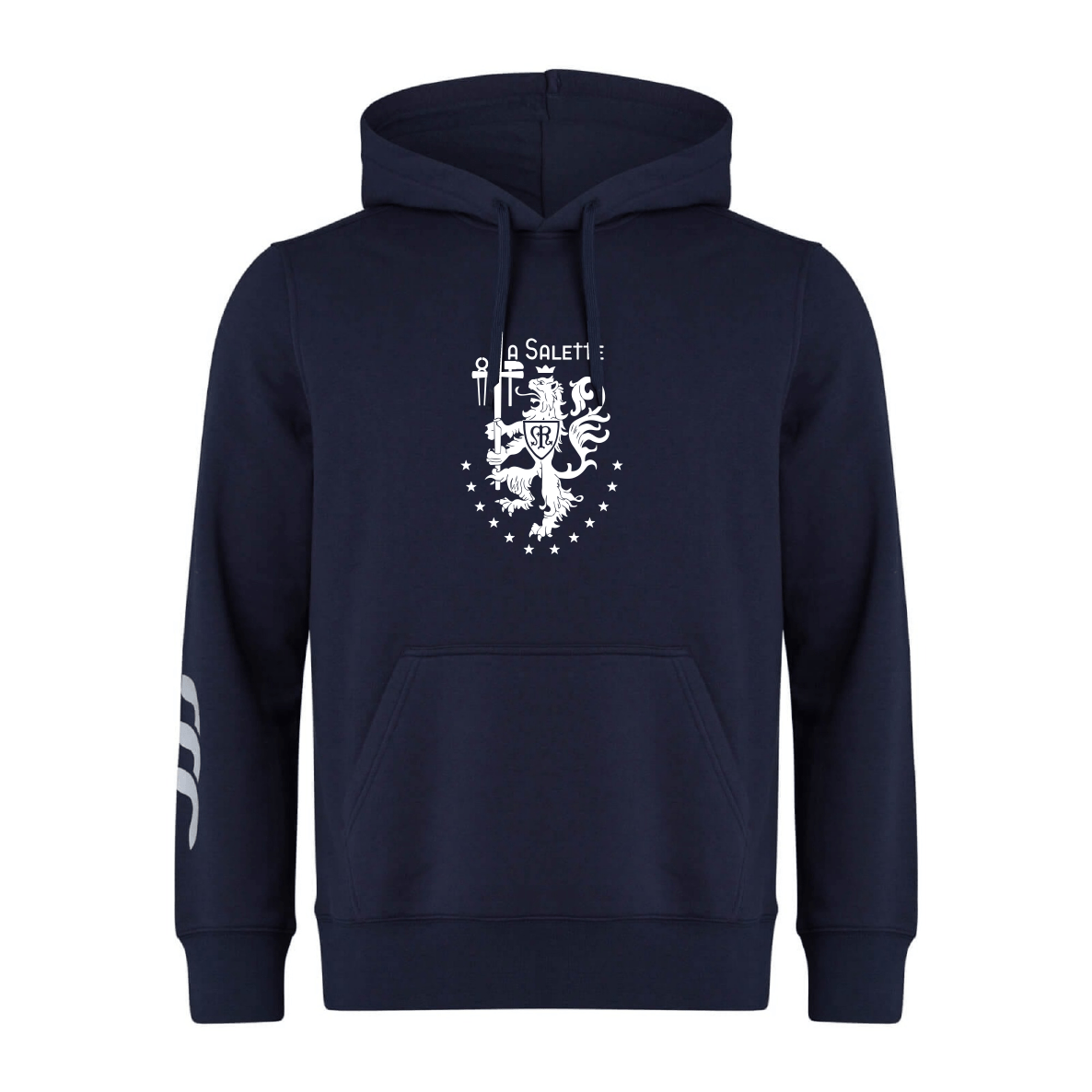 The La Salette Academy Rugby Club Hoodie by WRS Canterbury features a navy blue design with a white chest crest, three white stripes on the left sleeve, classic Canterbury branding, and is made from comfortable sweatshirt fleece.