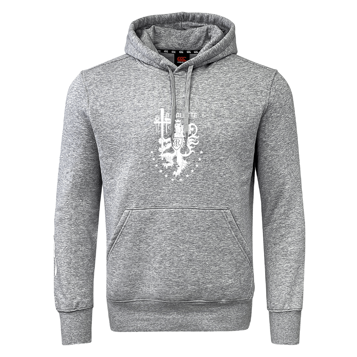 The La Salette Academy Rugby Club Hoodie by WRS Canterbury features gray sweatshirt fleece, a white lion crest on the chest, a front kangaroo pocket, and Canterbury sleeve branding—classic comfort for every day.