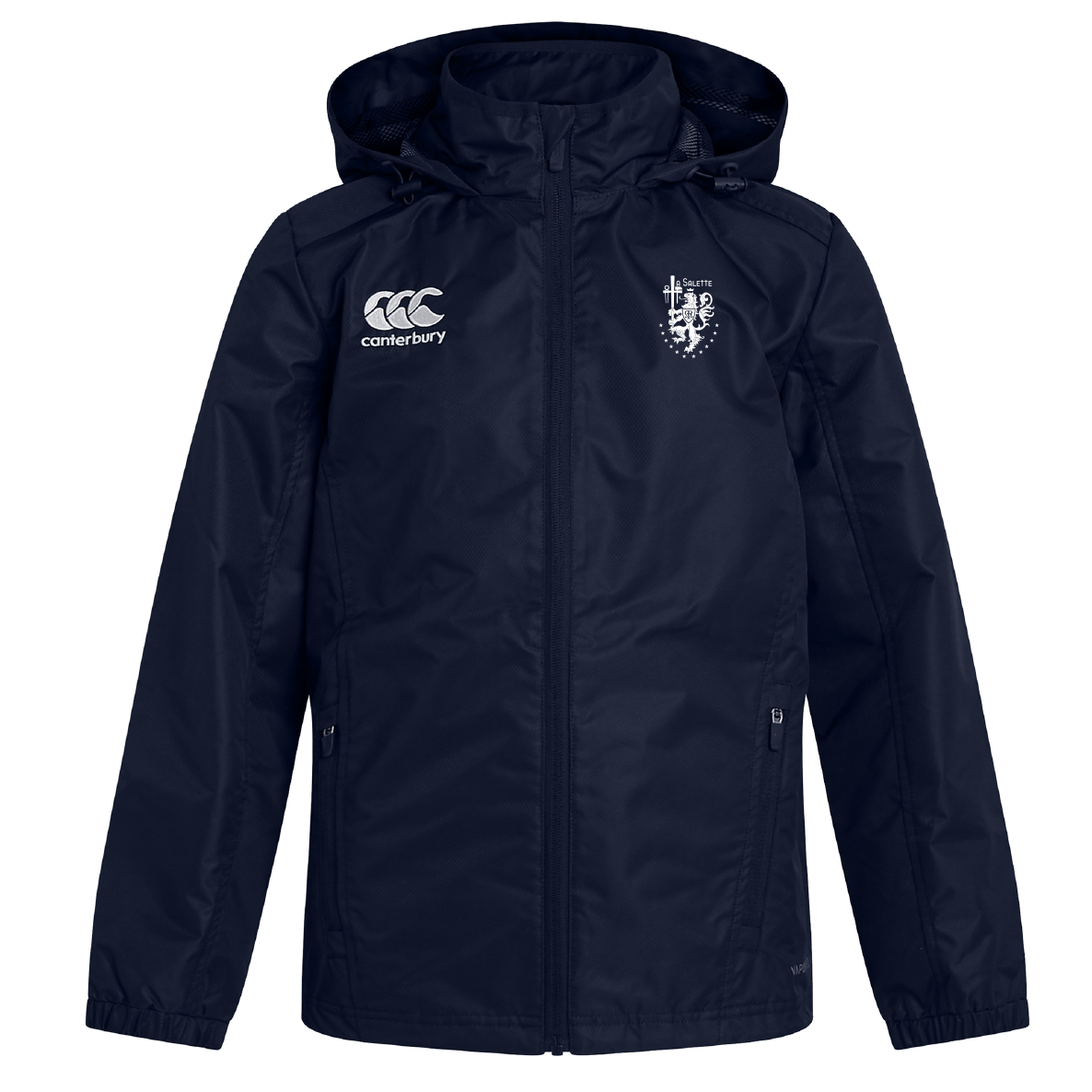 The La Salette Academy Rugby Club Vaposhield Full Zip Rain Jacket by EMB Canterbury is navy blue, with VapoShield technology, a zip front, white Canterbury logo on the right chest, and a lion and cross crest on the left.