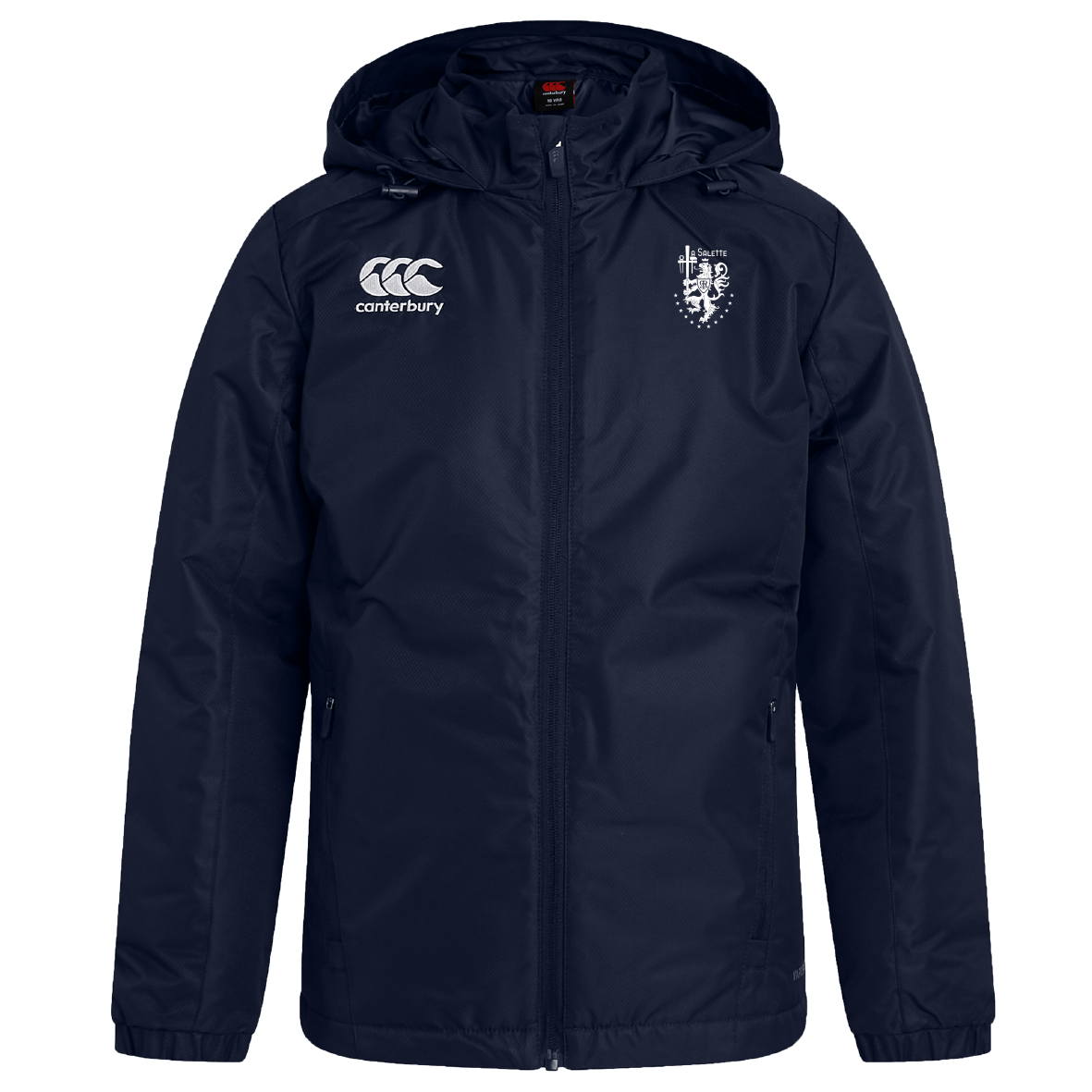 The La Salette Academy Rugby Club Vaposhield Stadium Jacket by EMB Canterbury is a navy hooded jacket with a front zipper, Canterbury logo on the right chest, white crest emblem on the left, and water-repellent Vaposhield Technology.