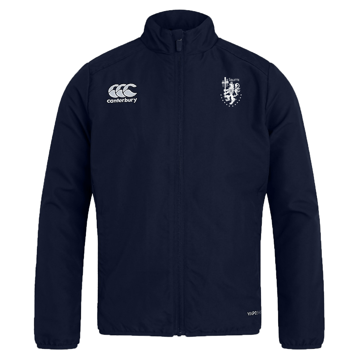 The La Salette Academy Rugby Club Track Jacket by EMB Canterbury is a lightweight navy jacket with a high collar, quick-drying fabric, and Canterbury plus crest logos on the chest.