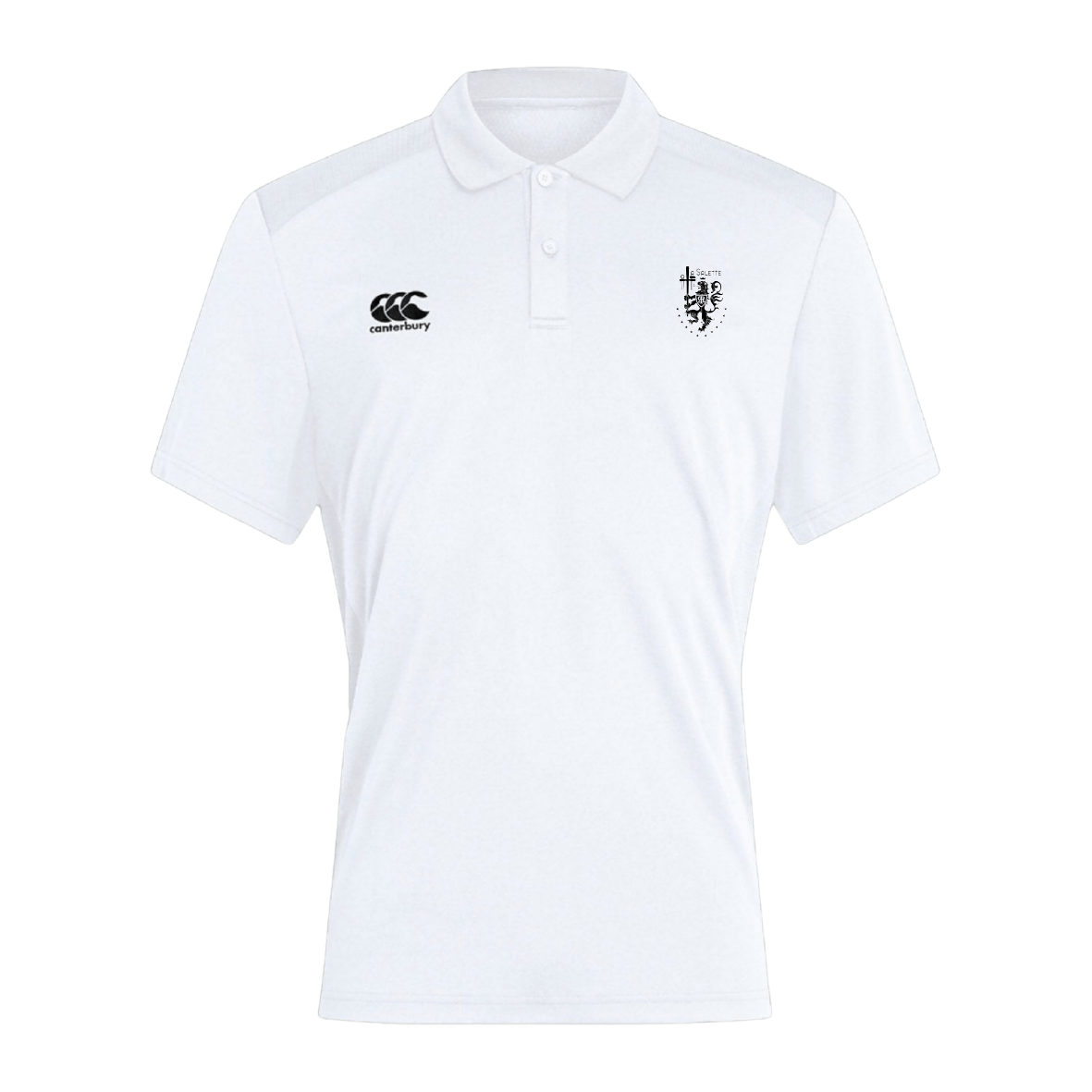 The La Salette Academy Rugby Waimak Polo by EMB Canterbury is a white short-sleeve rugby shirt with a collar, made from a cotton-polyester blend. It features the Canterbury logo on the right chest and a "La Salette" crest on the left.