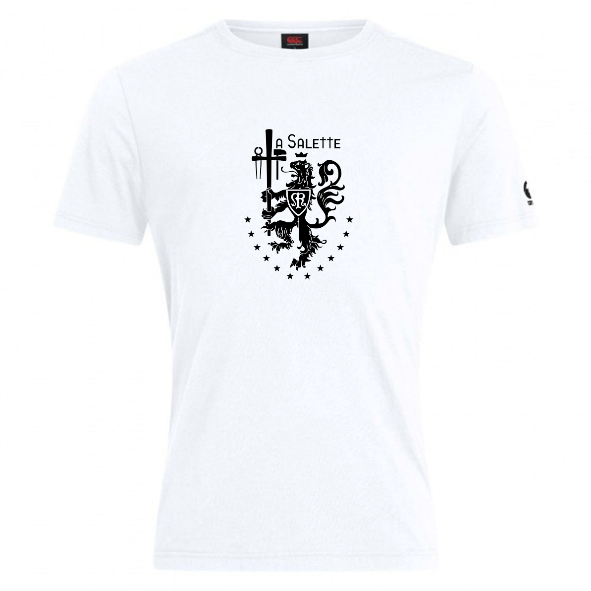 The La Salette Academy Rugby Club Plain Tee by WRS Canterbury features a black crest with lion, cross, sword, stars, and "La Salette" on the front. Made from a premium cotton-heavy blend for comfort and durability. Customization options available.