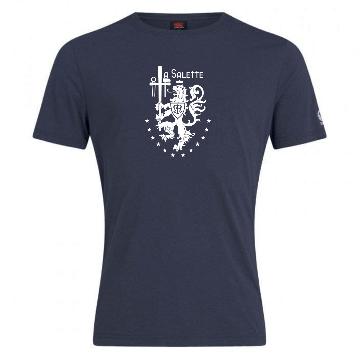 The La Salette Academy Rugby Club Plain Tee by WRS Canterbury is a navy blue cotton-heavy shirt, featuring a white lion, swords, and stars graphic with "SALETTTE" printed above the chest.