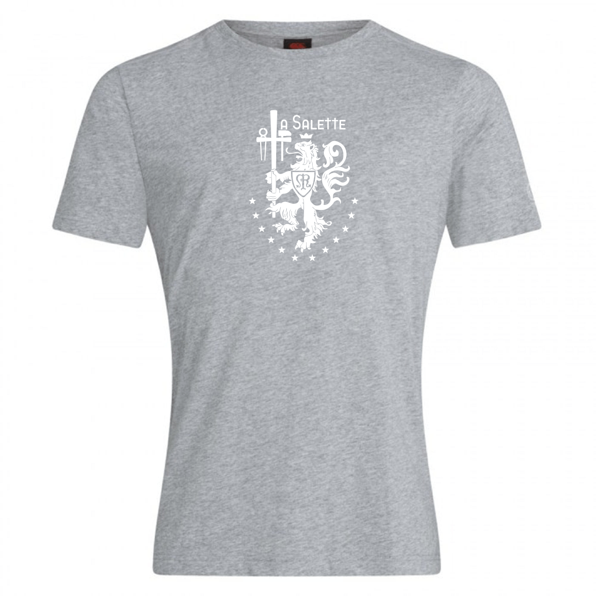 The La Salette Academy Rugby Club Plain Tee by WRS Canterbury features a heather gray cotton-rich blend with a white crest of a lion, stars, and "Salette" printed on the chest.