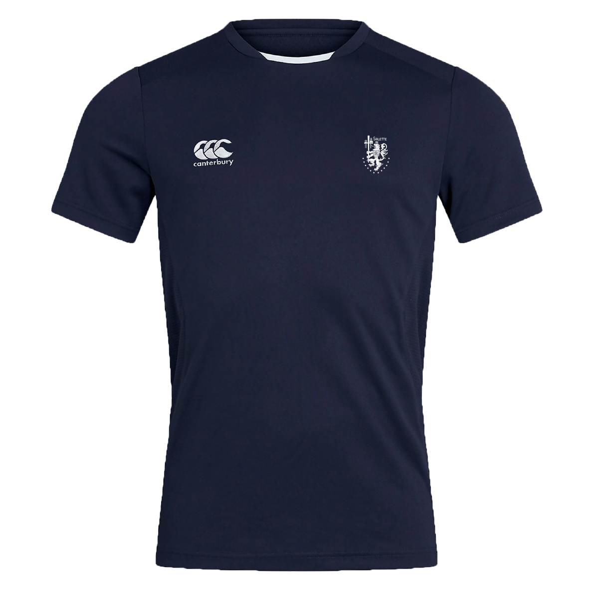 The La Salette Academy Rugby Club Dry Tee by EMB Canterbury is a navy short-sleeve athletic shirt with white logos on the chest. It features Vapodri Technology for quick drying and breathable comfort during workouts.