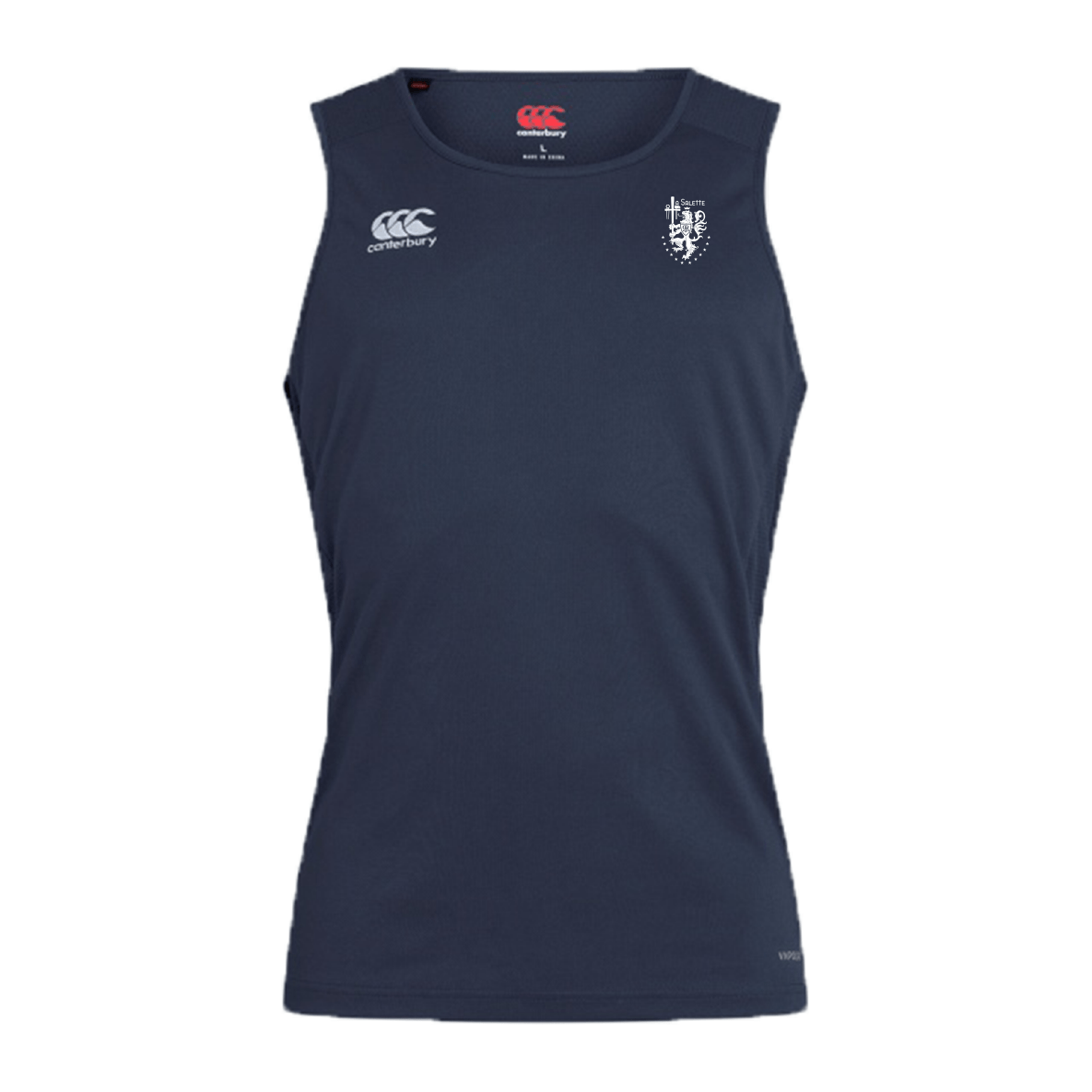 La Salette Academy Rugby Club Dry Singlet by EMB Canterbury in navy blue with zoned mesh paneling, a white EMB Canterbury logo on the right chest, and a white crest emblem on the left chest.