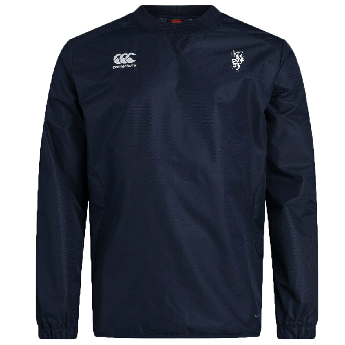 The La Salette Academy Rugby Club Vaposhield Contact Top by EMB Canterbury is a navy blue, long-sleeve sports pullover with water-repellent tech and white logos on the chest, shown against a white background.