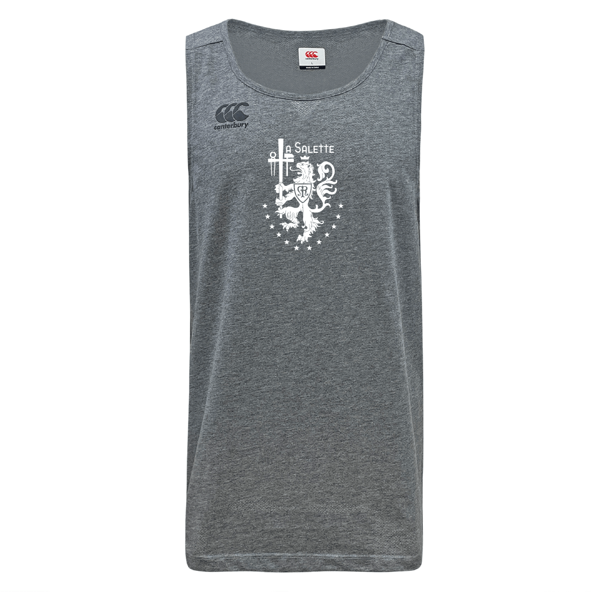 The La Salette Academy Rugby Tempo Vapodri Singlet by WRS Canterbury is a gray recycled polyester tank with a white coat of arms, "Salette" on the front, and Canterbury logo on the left shoulder. Stay cool with moisture-wicking comfort.
