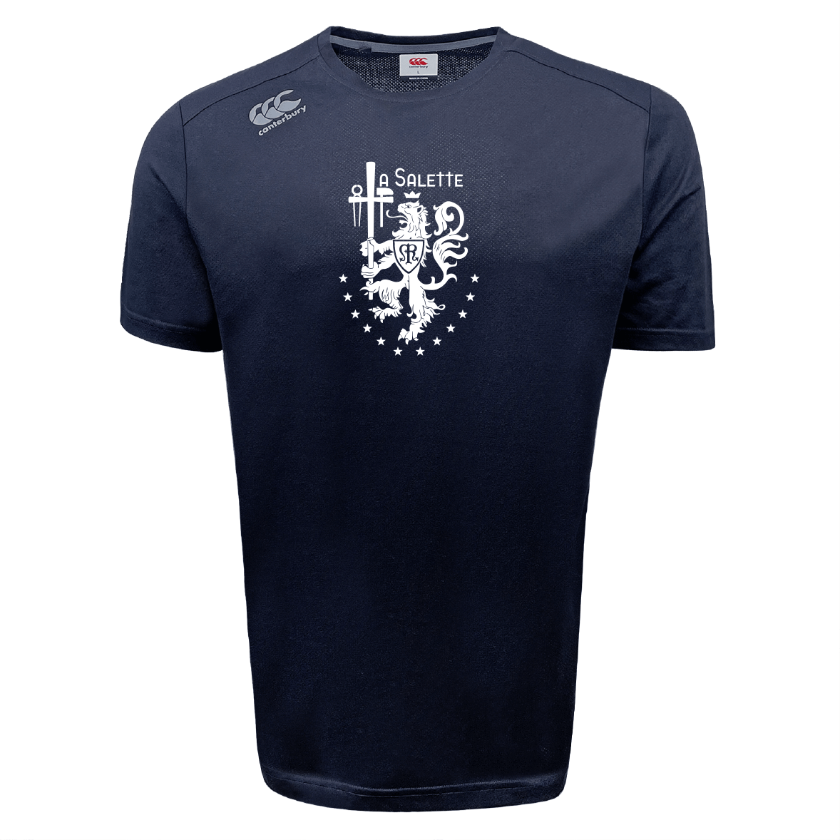 The La Salette Academy Rugby Tempo Vapodri T-Shirt by WRS Canterbury features a white heraldic lion, swords, stars, and "La Salette" on navy blue moisture-wicking fabric to keep you comfortable all day.