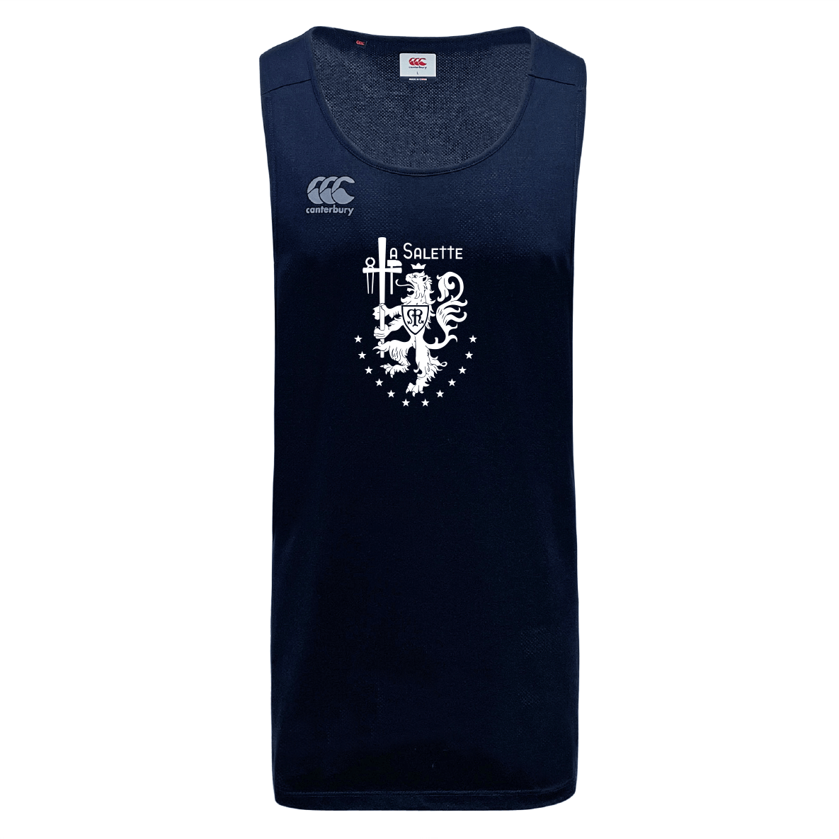 The La Salette Academy Rugby Tempo Vapodri Singlet by WRS Canterbury is a navy blue sleeveless athletic top made from recycled polyester, featuring a white lion, swords, stars emblem, and "SALEITE" text on the front.