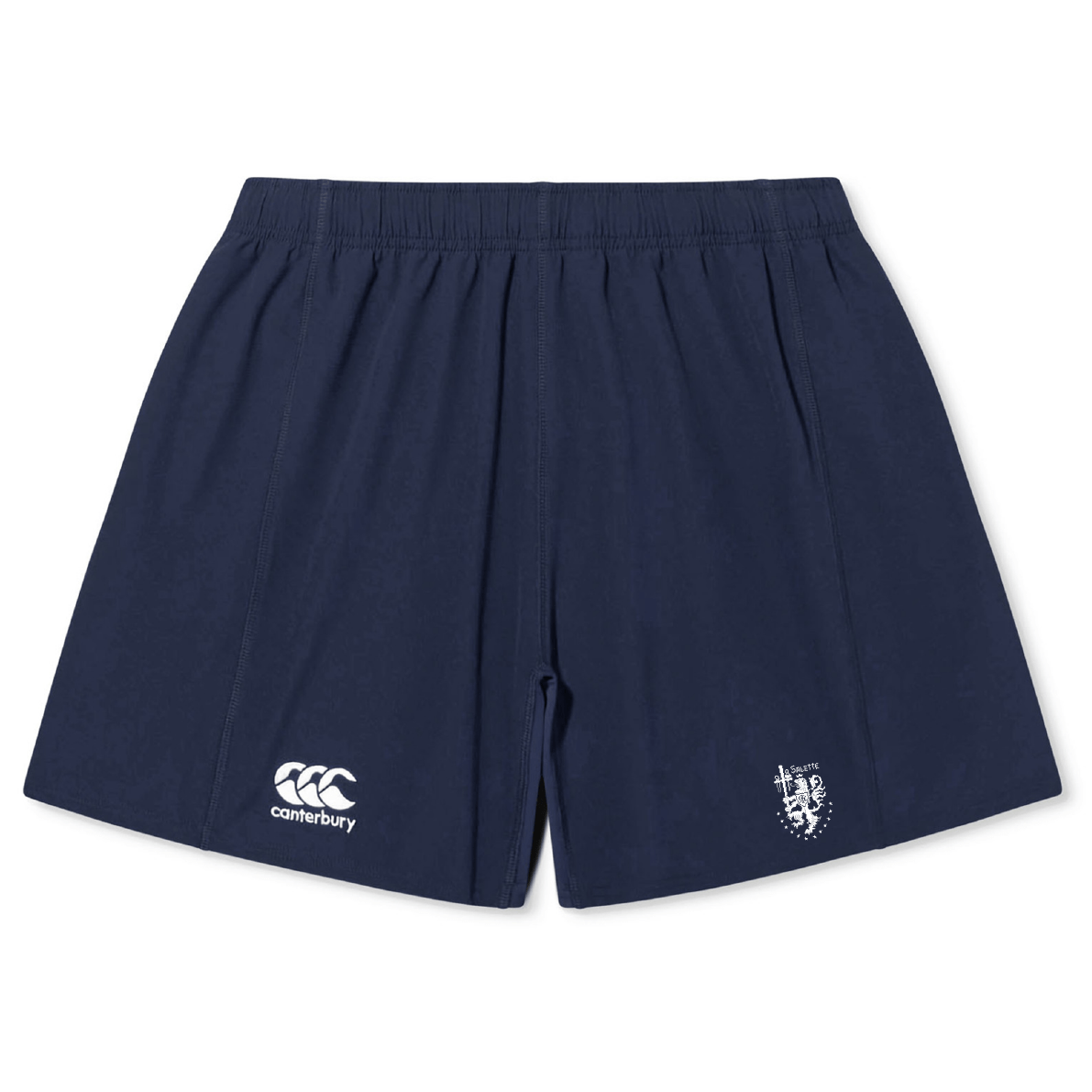 The La Salette Academy Rugby Yokohama Short by EMB Canterbury features a gathered waistband, lightweight durable fabric, the Canterbury logo, and an emblem on the lower front of each leg.