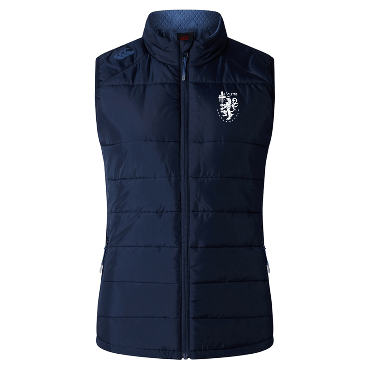 The La Salette Academy Rugby Women's Elite Microlite Gilet by EMB Canterbury features navy fabric, insulated baffles, a front zipper, high collar, and a white embroidered crest on the left chest.