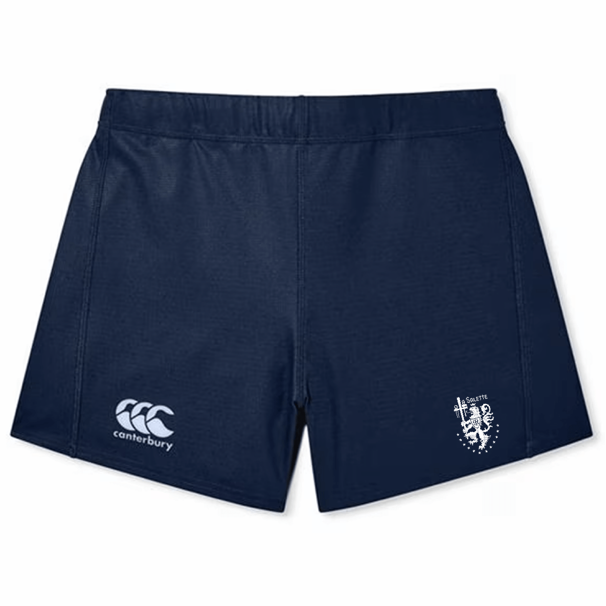 The La Salette Academy Rugby Women's Yokohama Short by EMB Canterbury is navy blue, features a white Canterbury logo on the left leg, a white crest on the right, and is made from Vapodri fabric for rugby players.