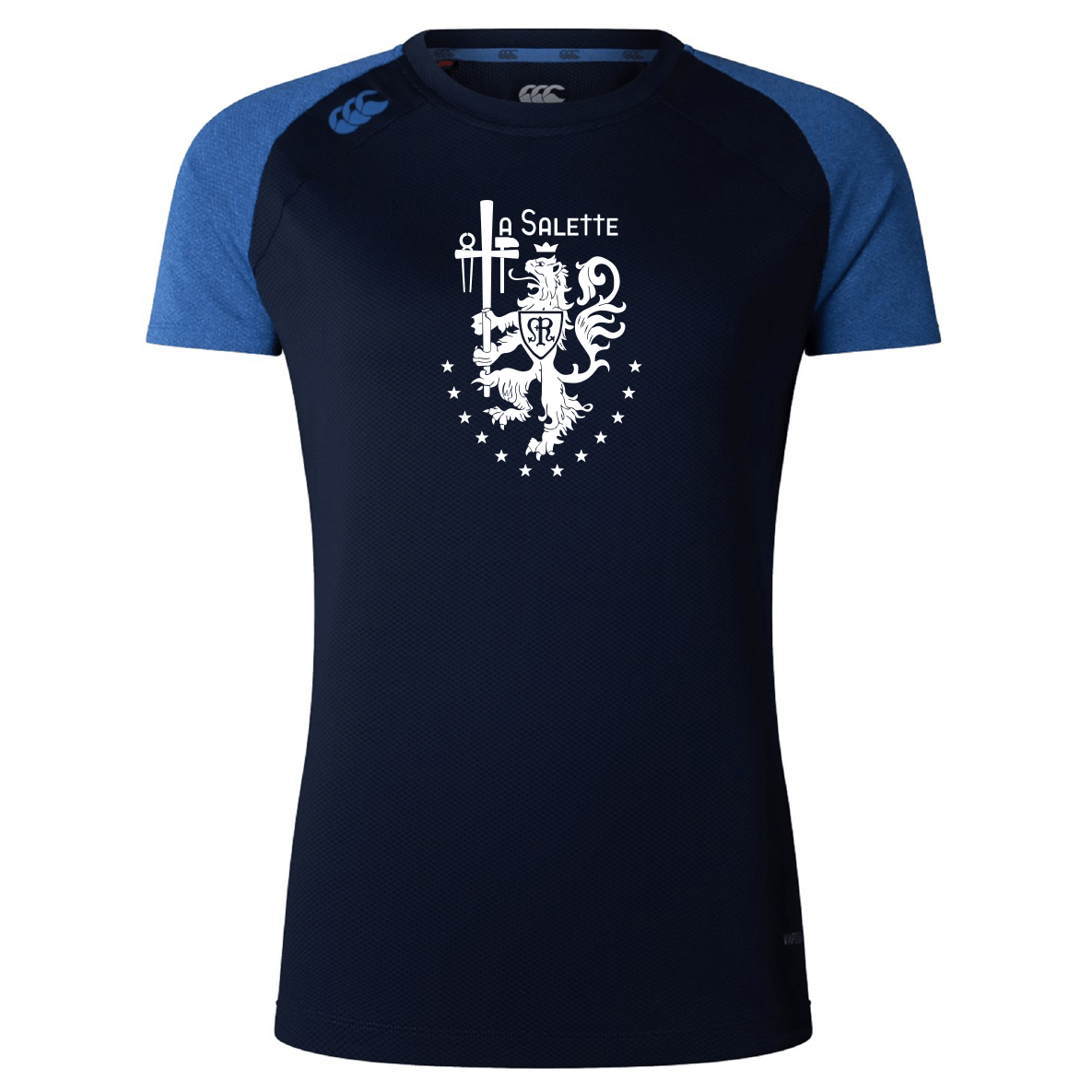 The La Salette Academy Rugby Women's Elite Training Tee by WRS Canterbury is a navy blue top with blue sleeves, made from lightweight recycled polyester, featuring Vapodri tech, a white lion, swords, stars, and "Salette" on the chest.