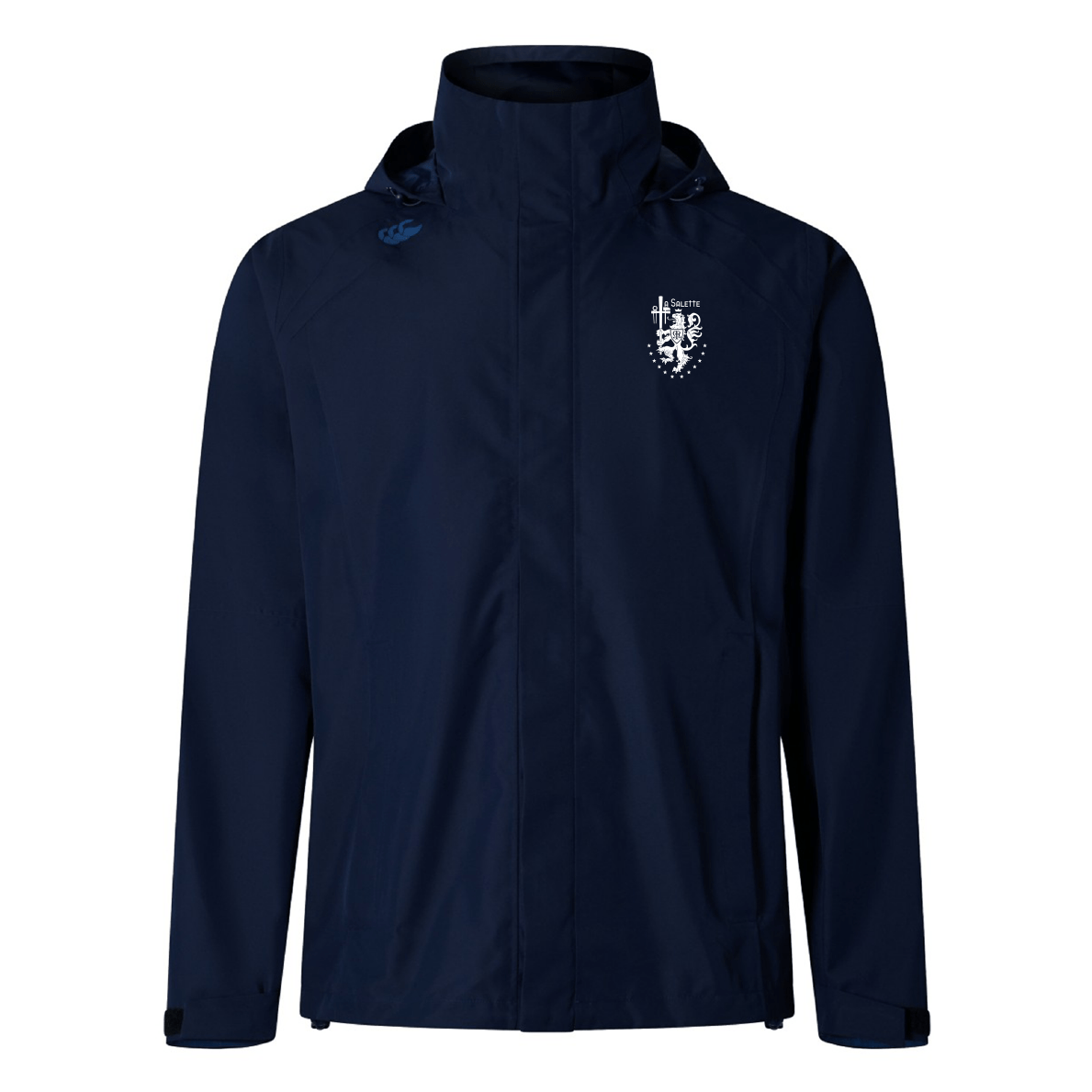 The La Salette Academy Rugby Elite Storm Jacket by EMB Canterbury features Vaposhield waterproofing, a white crest logo on the left chest, a small blue shoulder emblem, and is designed for breathability and comfort in all conditions.