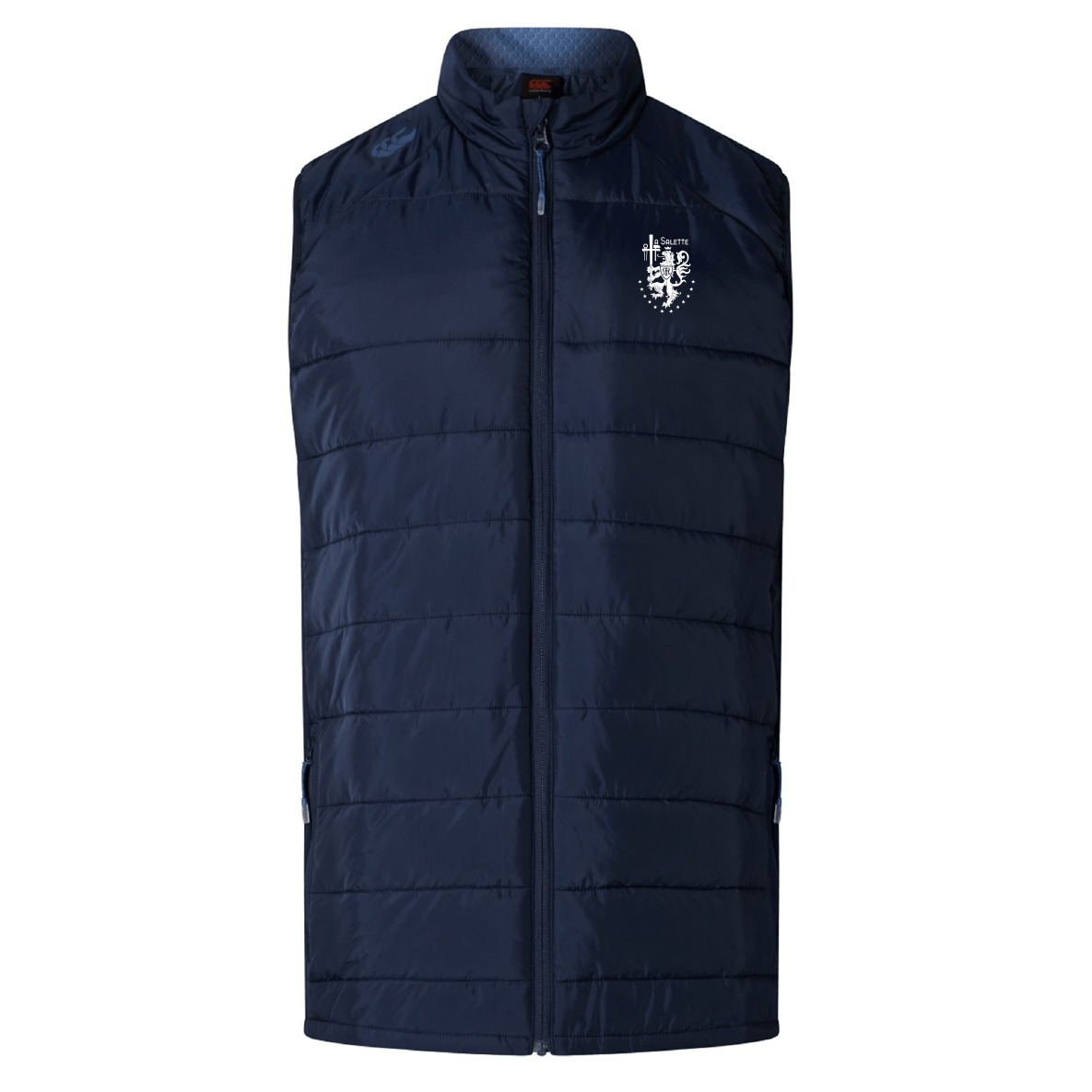 The La Salette Academy Rugby Elite Microlite Gilet by EMB Canterbury is a navy blue, sleeveless puffer vest with insulated baffles, a front zipper, and a white crest logo on the left chest.